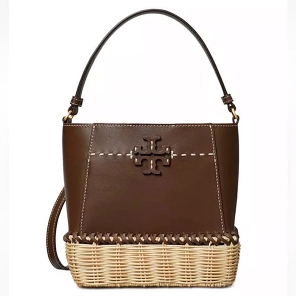 ‼️Tory Burch McGraw Small Wicker Brown Leather Bucket Bag Crossbody Bag